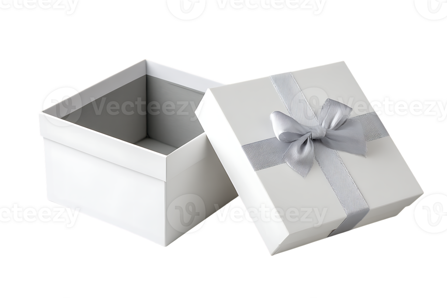 Open White Gift Box with Silver Ribbon and Lid Isolated Transparent Background png