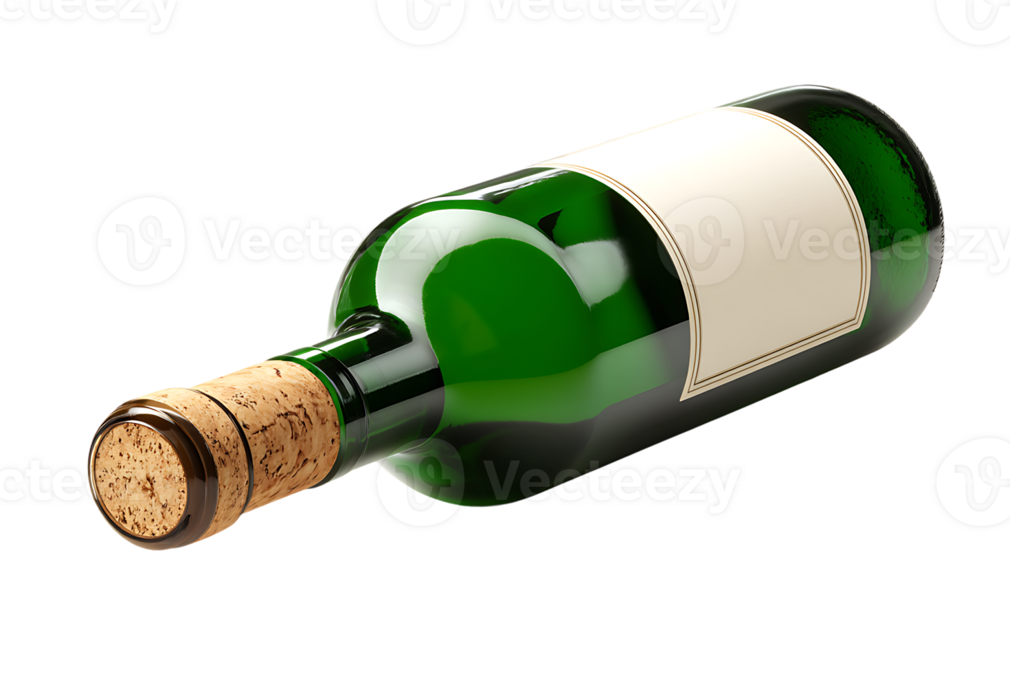 Wine Bottle with Cork in Green Glass Lying on its Side Isolated png