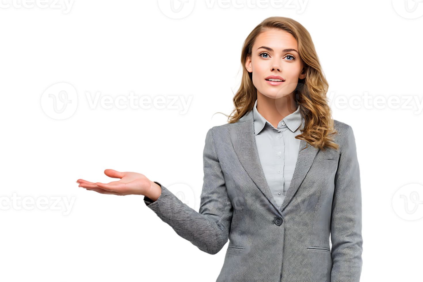 Business Woman Presenting Product With an Open Palm Isolated on Transparent Background png