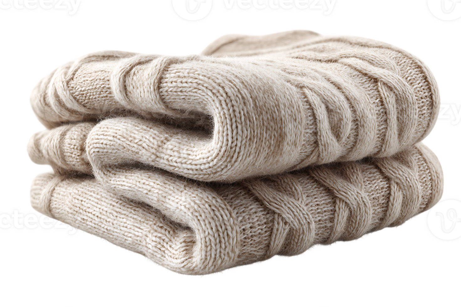 Folded Beige Cable Knit Sweater Warm Winter Apparel on Transparent Background Isolated png