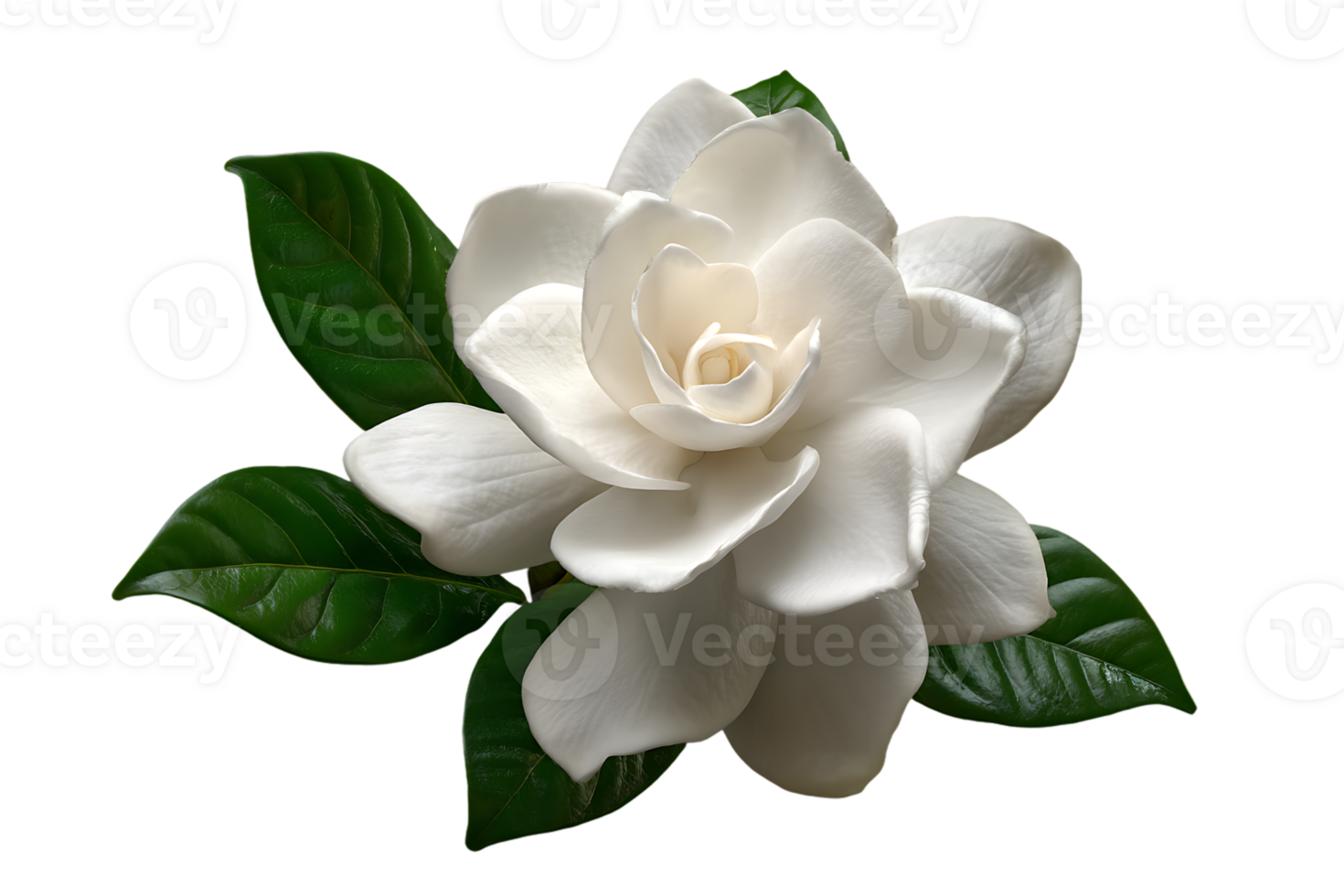 Close Up Macro Shot of Beautiful White Gardenia Flower with Green Leaves png