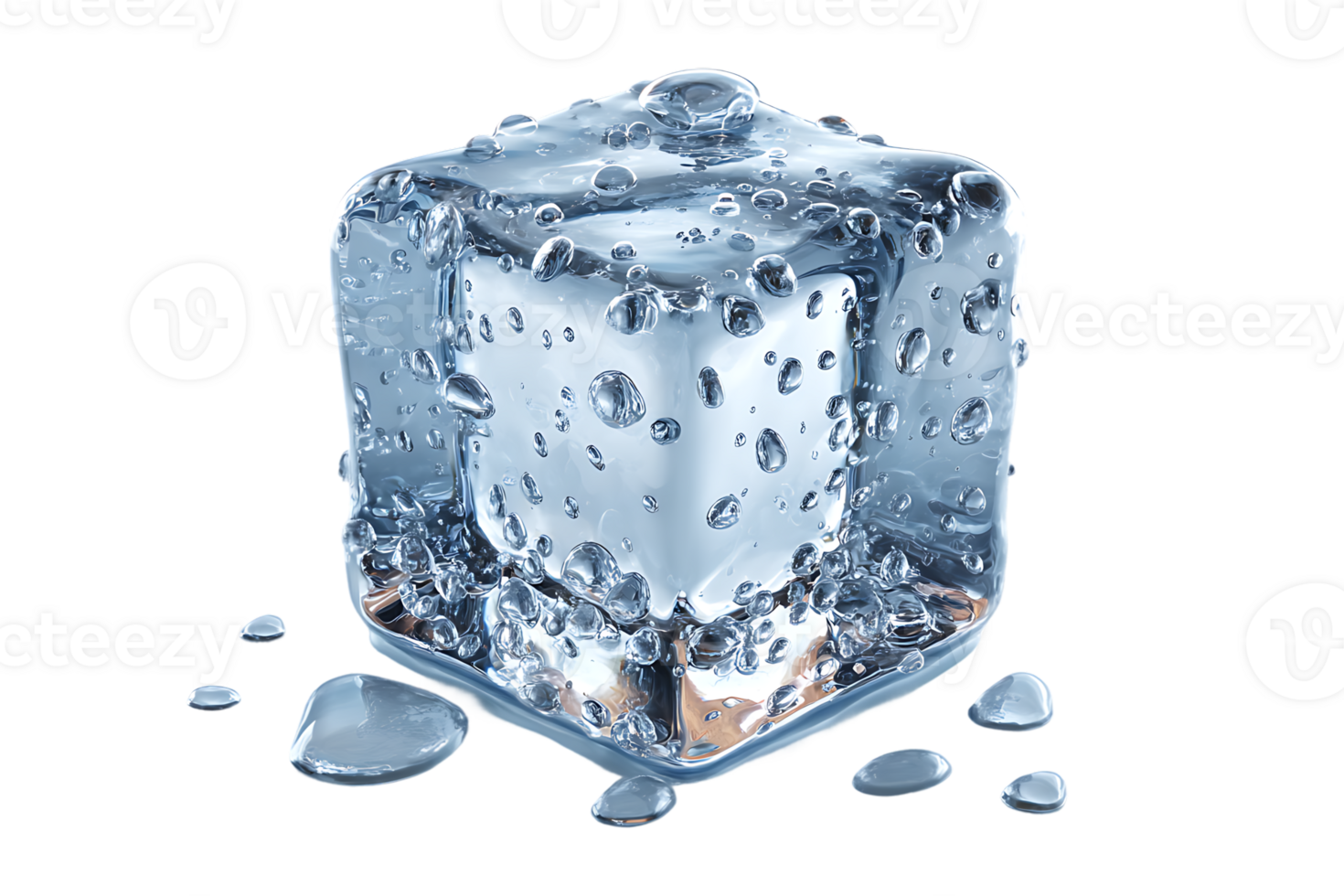 Single Transparent Ice Cube with Water Droplets Isolated on Black Background png