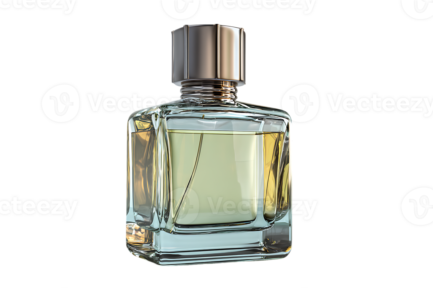 Clear Perfume Bottle With Silver Cap On Black Background Isolated Transparent png