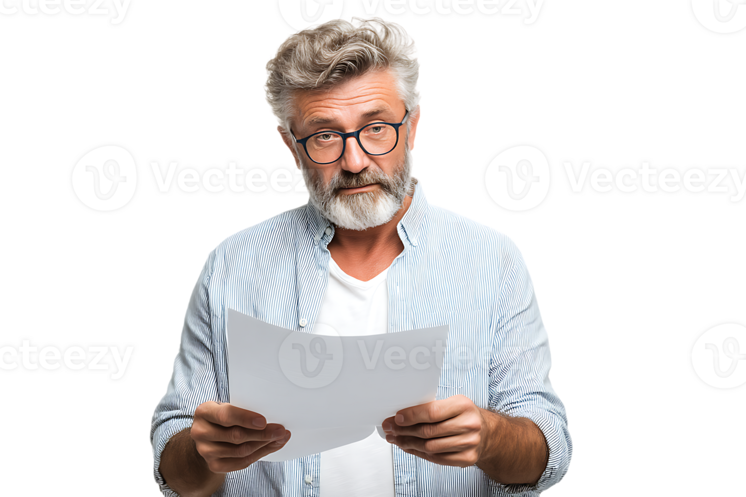 Mature Man With Glasses Holding Paper Reading Shocked Isolated Transparent Background png