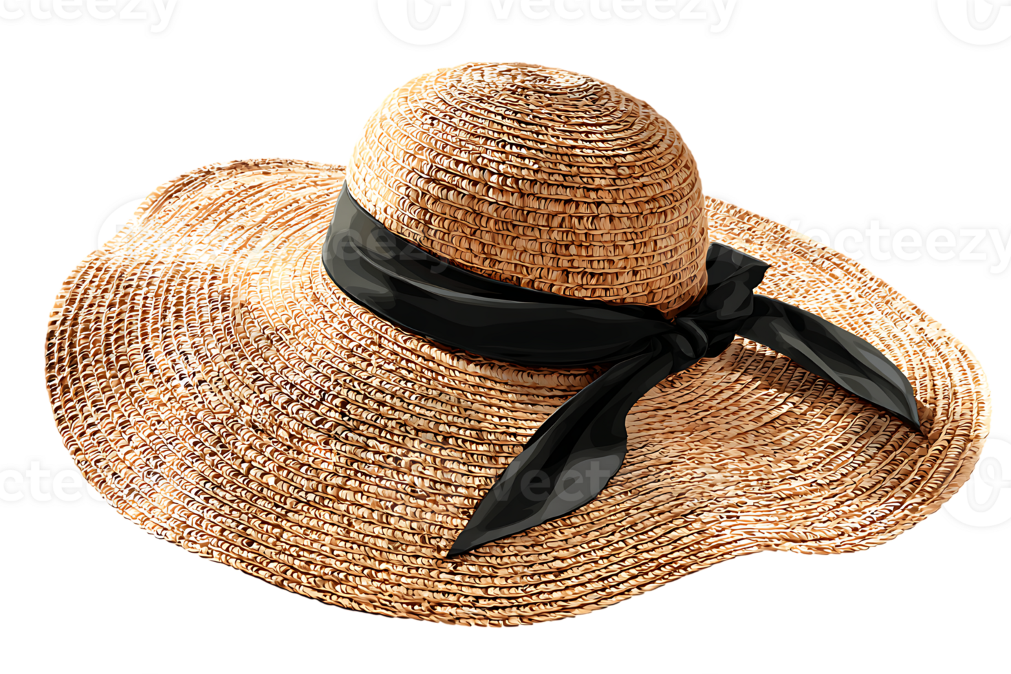 Elegant Straw Sunhat with Black Ribbon for Summer Days Transparent Isolated png