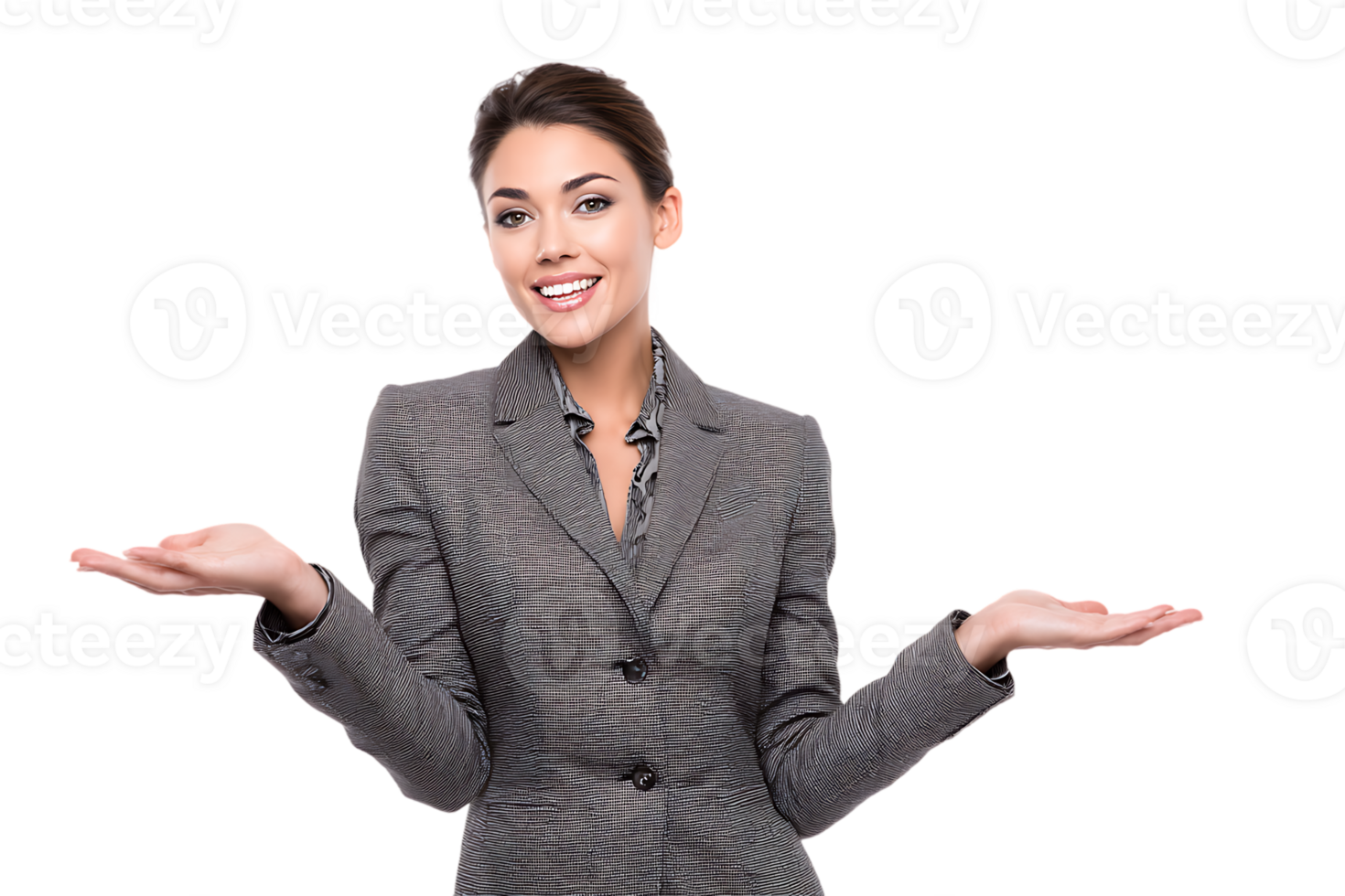 Elegant Woman Gesturing with Palms Upward on a Transparent Background for Graphics png