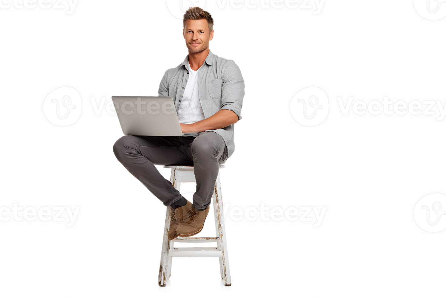 Man Sitting with Laptop on Chair Isolated on Transparent Background png