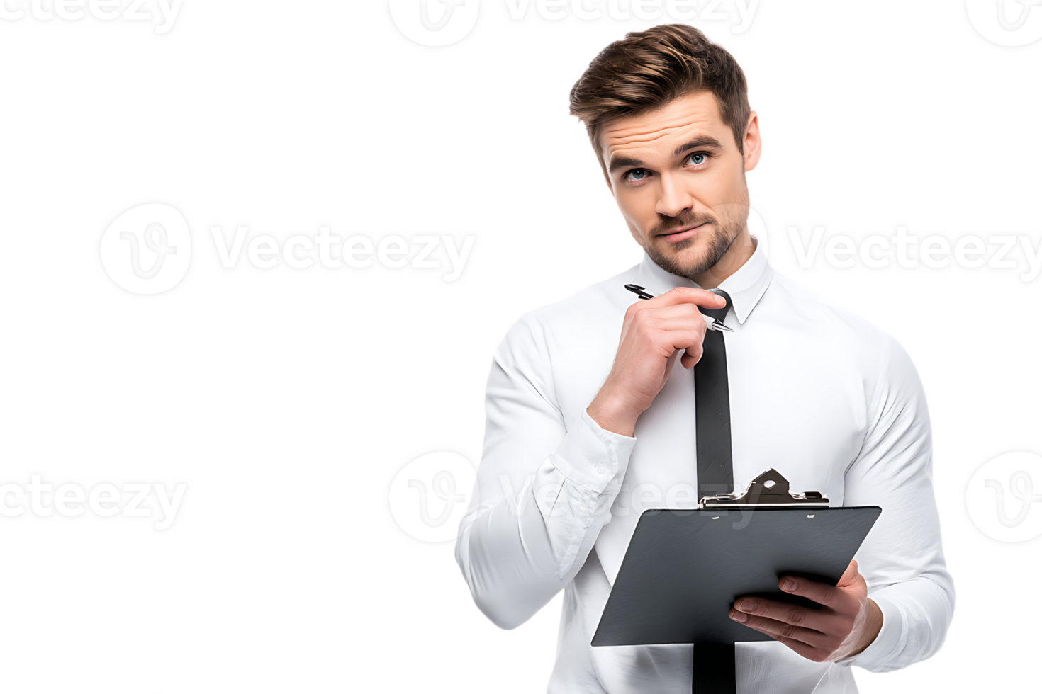 Thoughtful businessman with clipboard isolated on transparent background for web design png