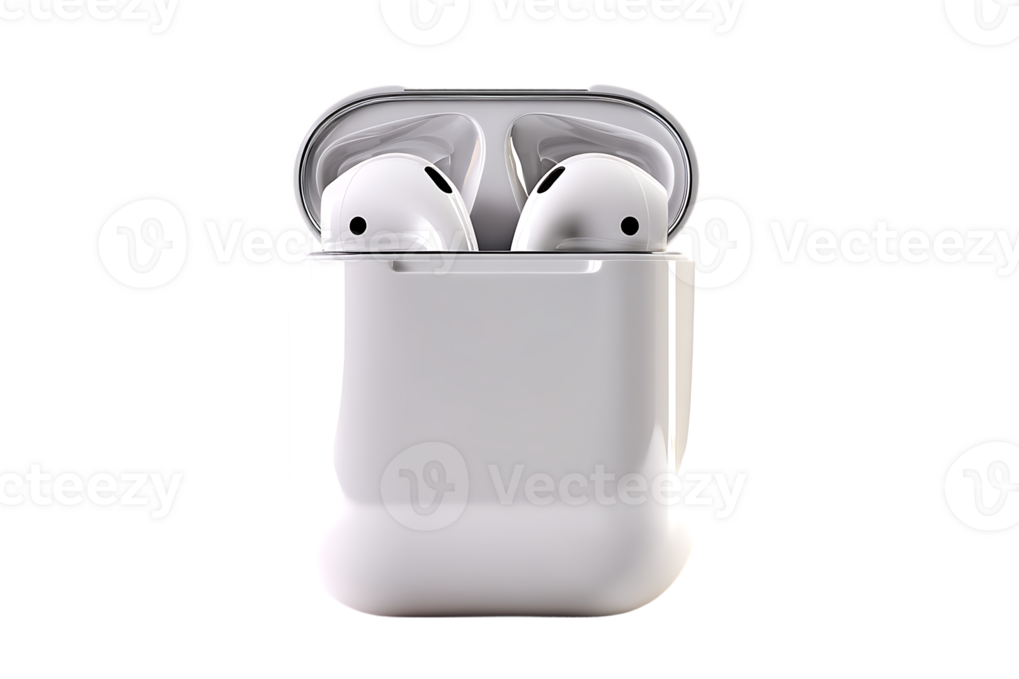 White Wireless Earbuds Inside Open Charging Case Device Transparent Background Isolated png
