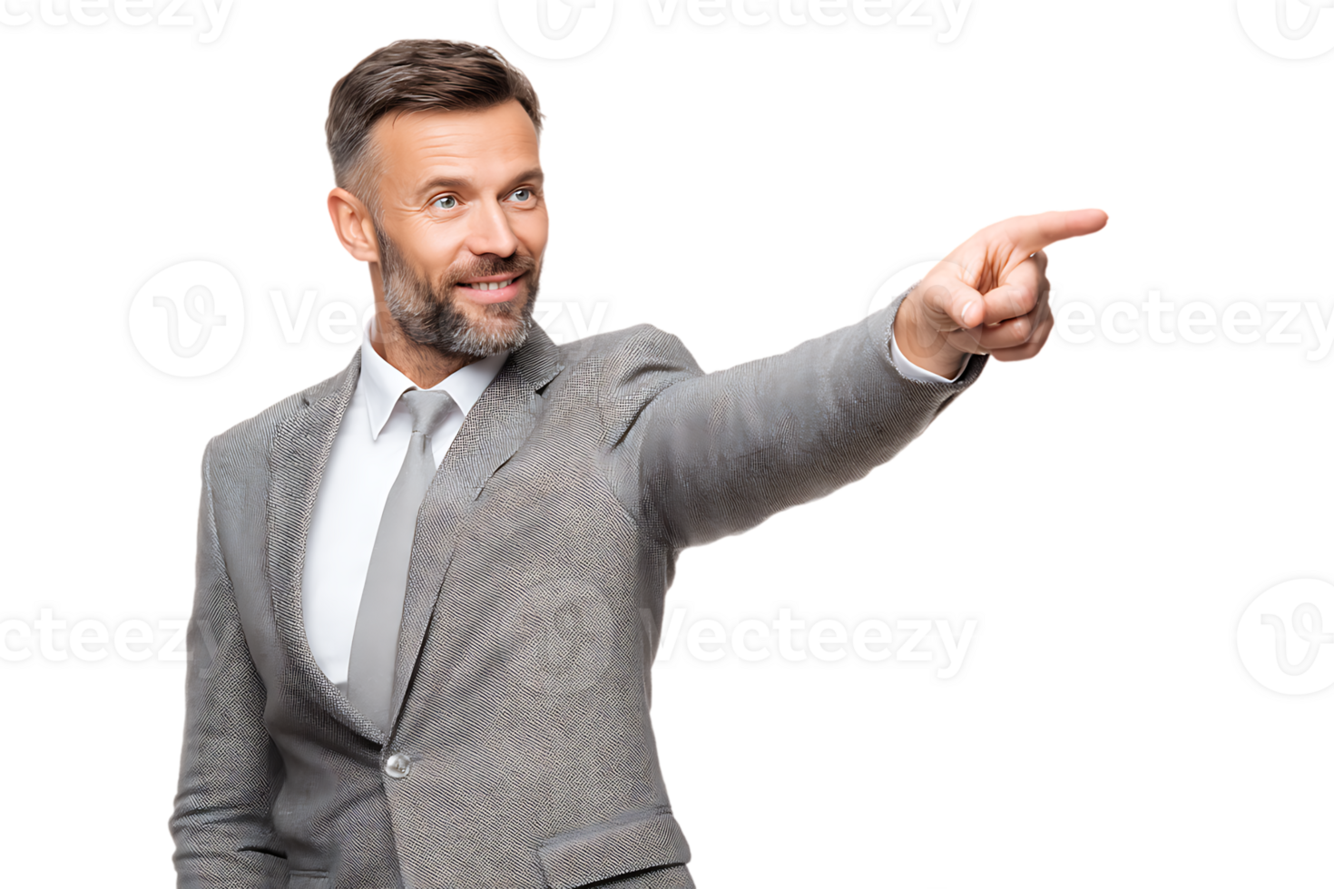 Businessman in Suit Pointing Right Isolated On Transparent Background For Business png