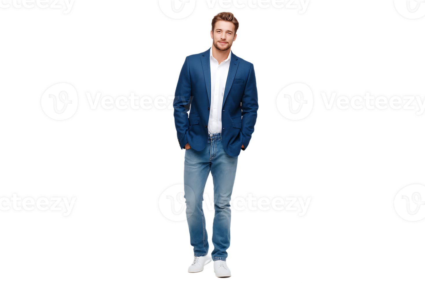 Pensive Man In Blue Blazer Jeans Standing Isolated Transparent Background png