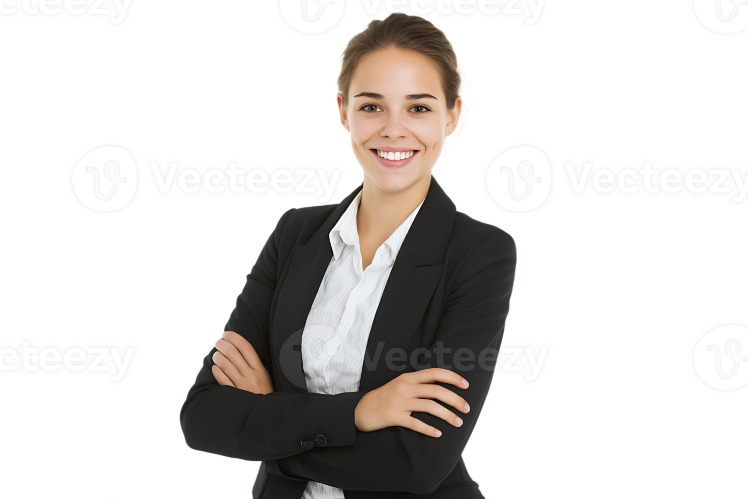 Smiling Business Woman in Black Suit with Crossed Arms Transparent Background Isolated png