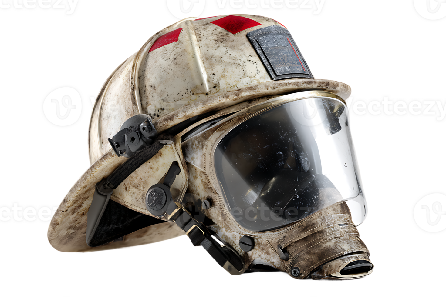 Worn Firefighter Helmet with Transparent Visor Isolated on Transparent Background Stock Photo png