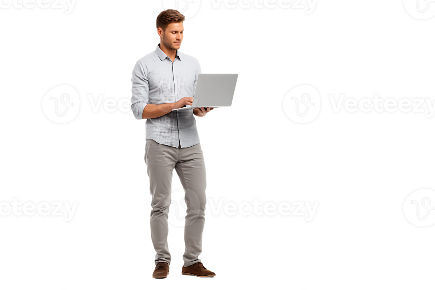Man Using Laptop Isolated Standing on a Transparent Background for Editing Design png