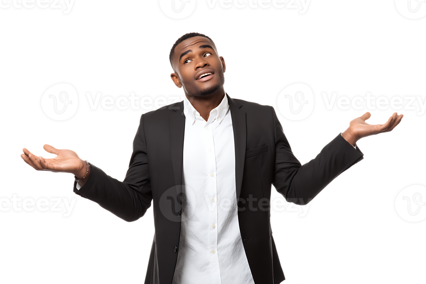 Confused African American Man Shrugging Shoulders with Open Palms Isolated Transparent png