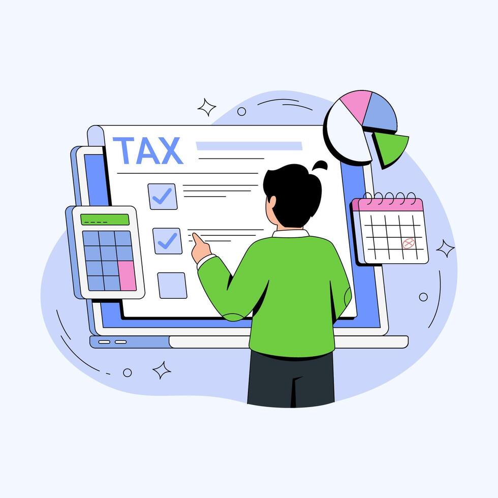 An illustrative depiction of tax filing, a man engaged in the intricate process, meticulously reviews the details on a computer screen. Alongside the screen, a calendar sits. vector