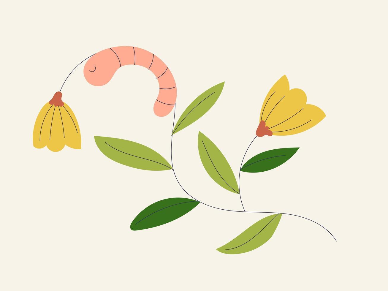 Worm on a Flower, A whimsical illustration of a worm gracefully perched on a delicate flower, symbolizing the beauty found in unexpected places. vector