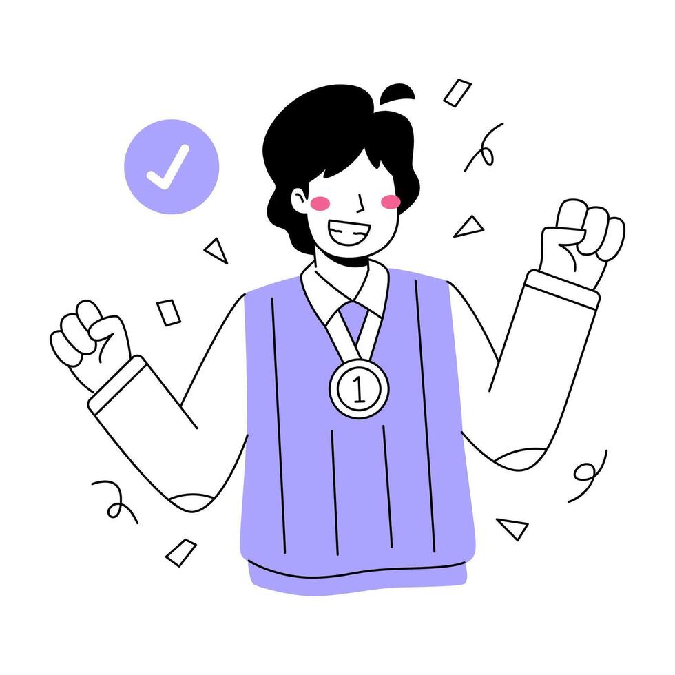 Triumphant Figure, A cartoon style image depicts a victorious person with a medal, set against a backdrop of celebratory confetti vector