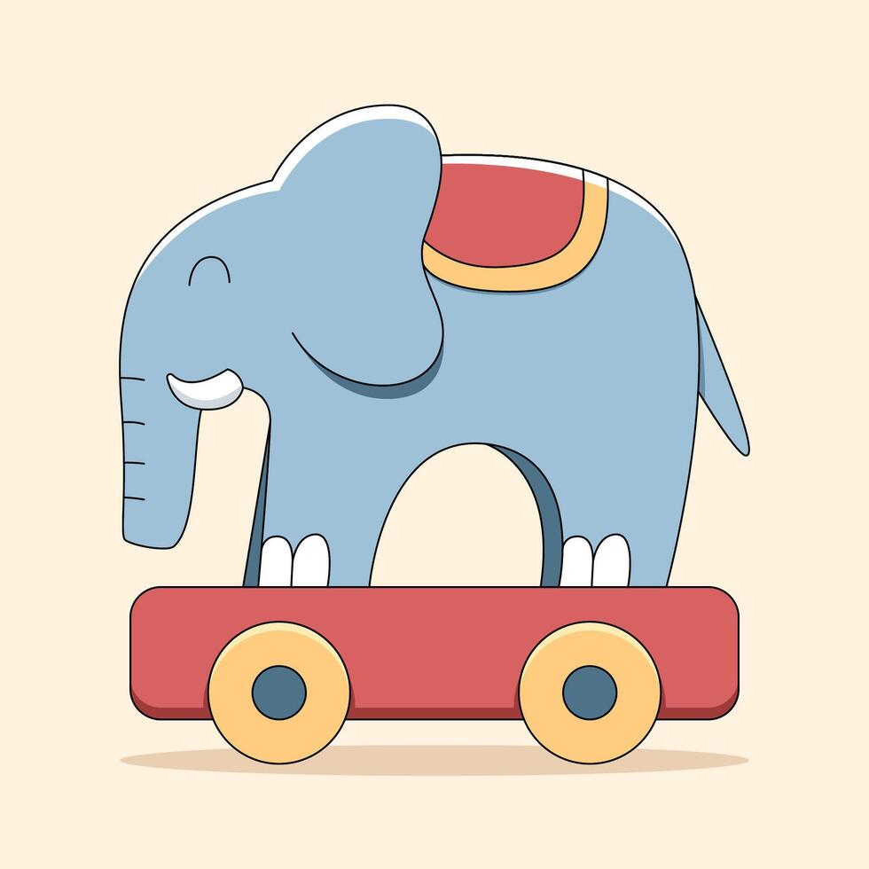 Playful Elephant Toy Illustration, A charming illustration of a blue elephant toy with a red and yellow cart. It evokes a sense of innocence and fun. vector