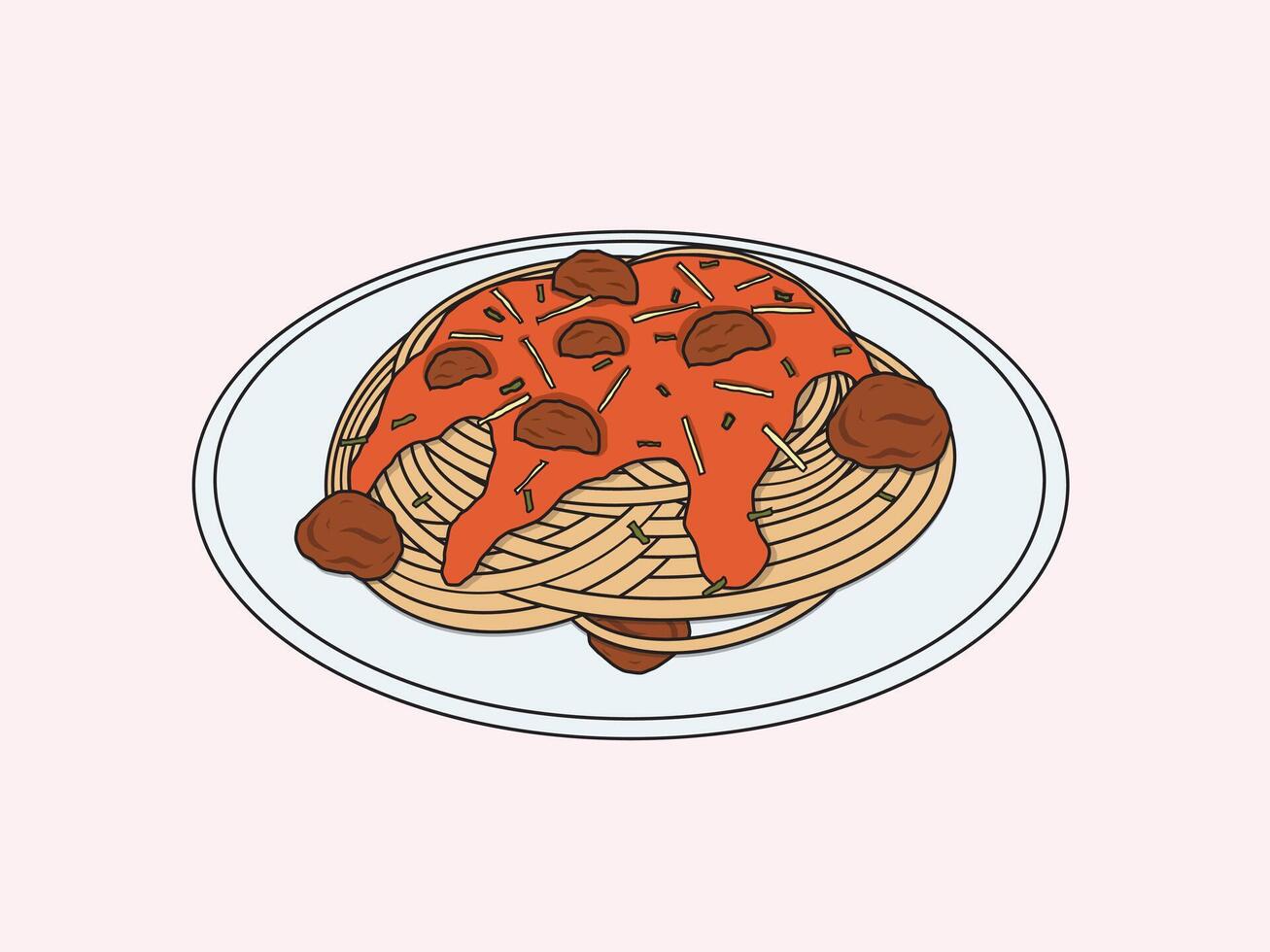 Spaghetti and Meatballs Illustration, A vibrant and mouthwatering illustration of a classic Italian dish - spaghetti and meatballs, showcasing the rich red sauce, perfectly cooked pasta vector