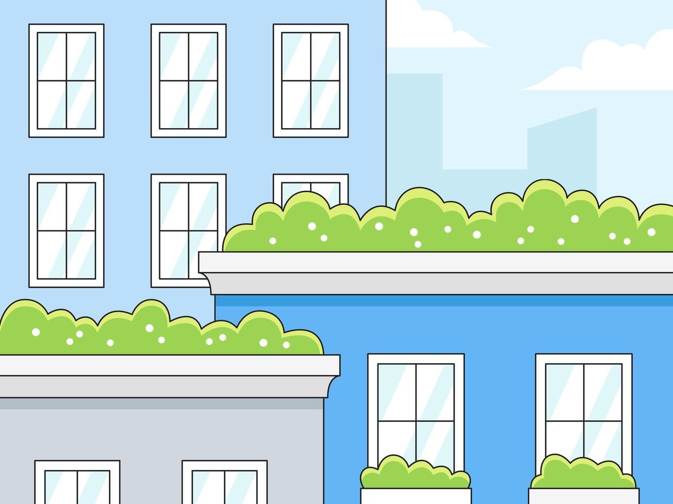 Urban Oasis, A serene illustration of a vibrant cityscape with rooftop gardens blooming in lush green, symbolizing a harmonious blend of nature and urban life vector