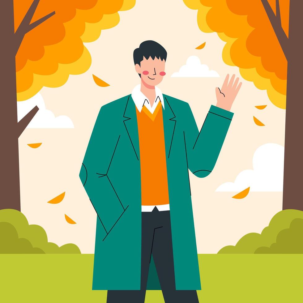 A man is in an outdoor park under the fallen leaves in autumn vector