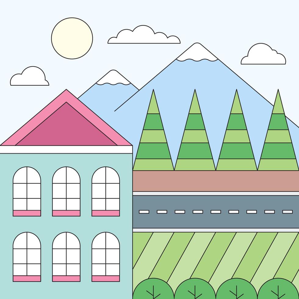 Geometric Townscape, A stylized illustration of a vibrant townscape featuring a charming house, majestic mountains, and a network of trees, embodying a sense of simplicity and harmony. vector