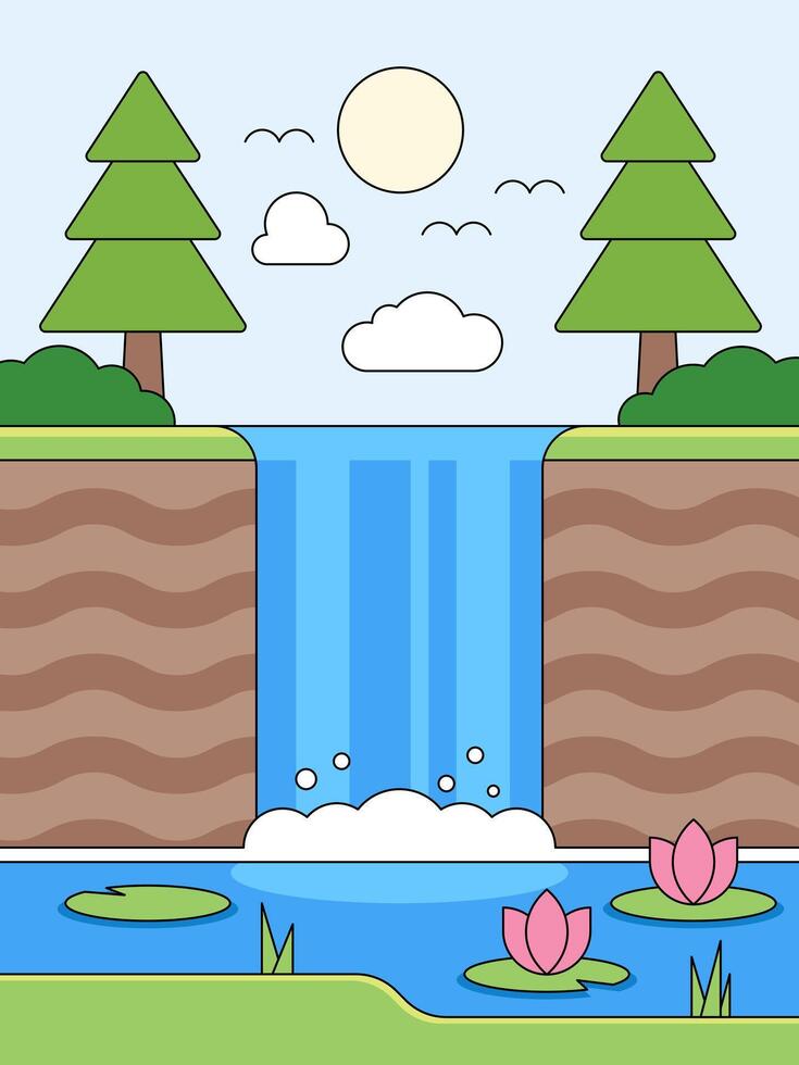 Waterfall Paradise, An idyllic landscape of a cascading waterfall surrounded by lush greenery, with stylized elements like trees, sun, clouds, and water lilies. vector