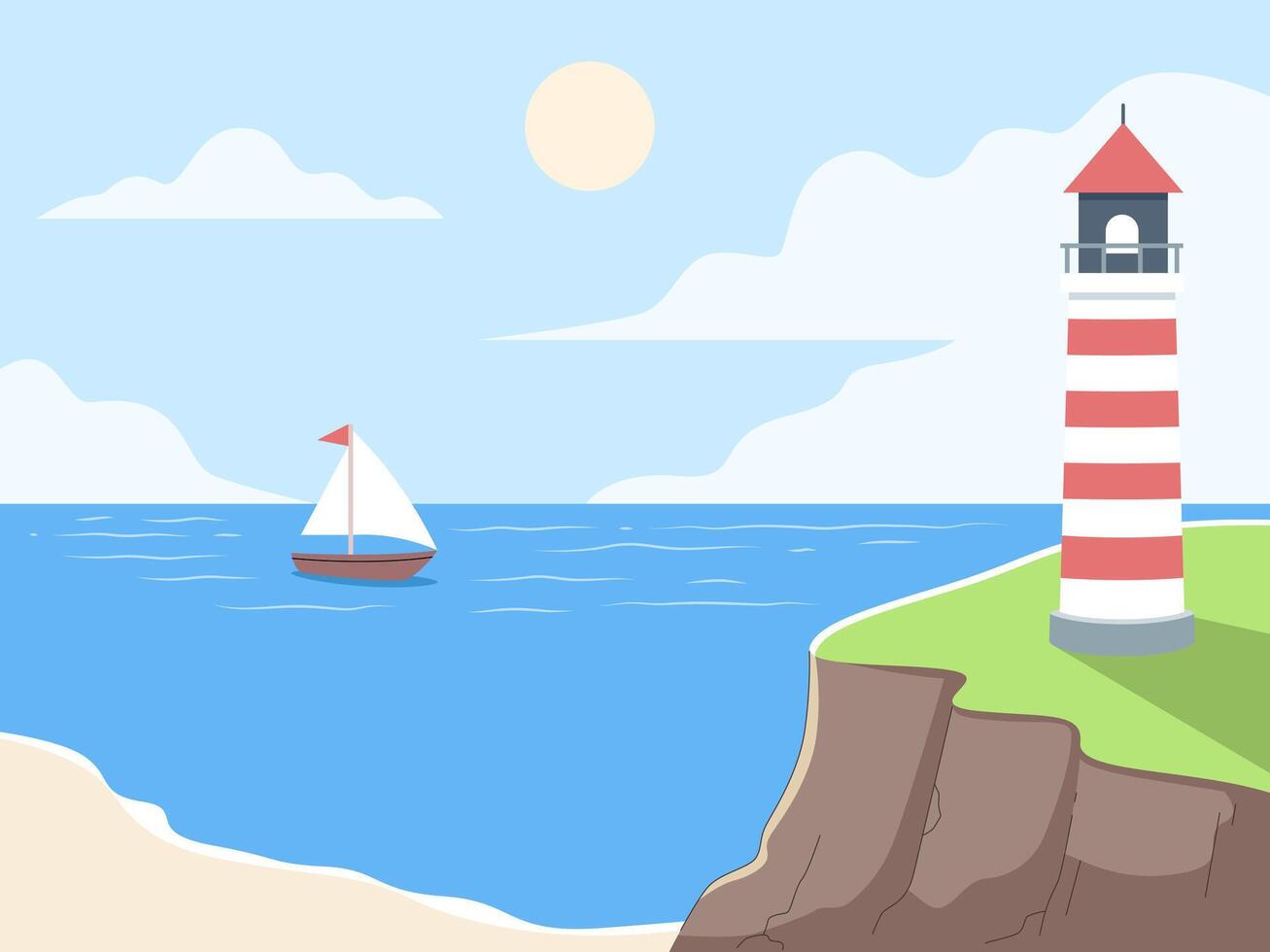 Coastal Beacon and Sailing, A serene coastal illustration features a striped lighthouse standing proudly on a cliff, overlooking a sailing boat in the calm sea, with a bright sun and fluffy clouds. vector