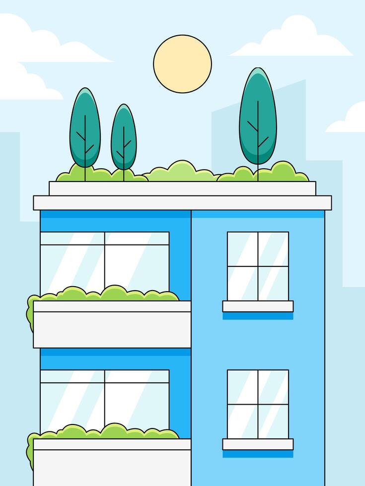 Urban Oasis, A vibrant illustration of an eco-friendly apartment building featuring a green roof and balconies, showcasing sustainable urban living against a sunny cityscape backdrop vector