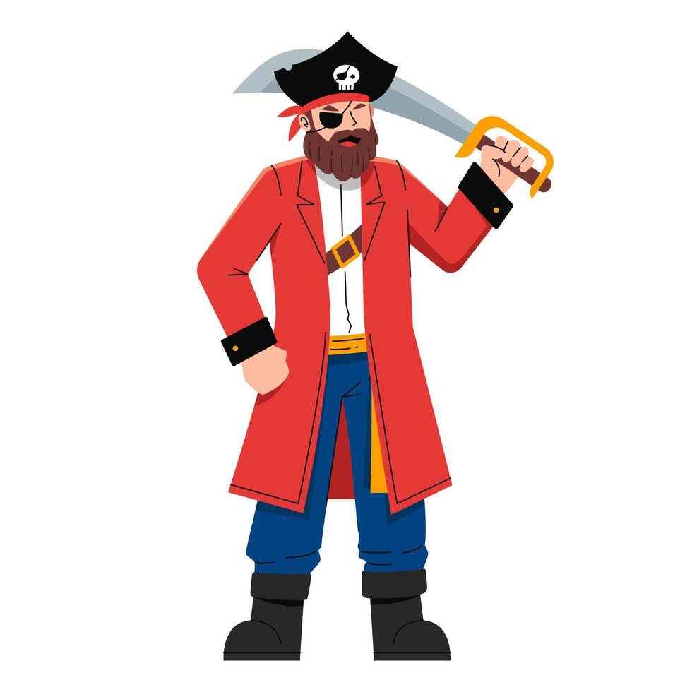 A Man is Wearing a Red Pirate Costume and Carrying a Sword Illustration vector
