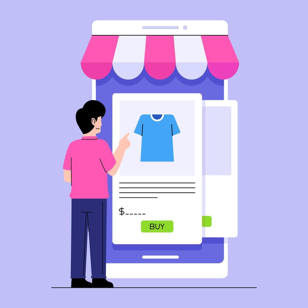 A man is choosing a product in an online marketplace using a smartphone Flat Illustration vector