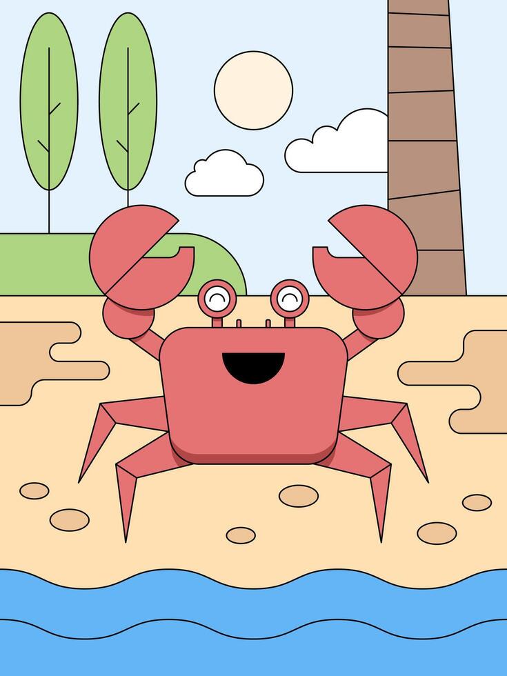 Cartoon Crab on the Shore, A cheerful cartoon crab enjoys a sunny day on a beach, featuring stylized trees, waves, and clouds in a minimalist style. vector