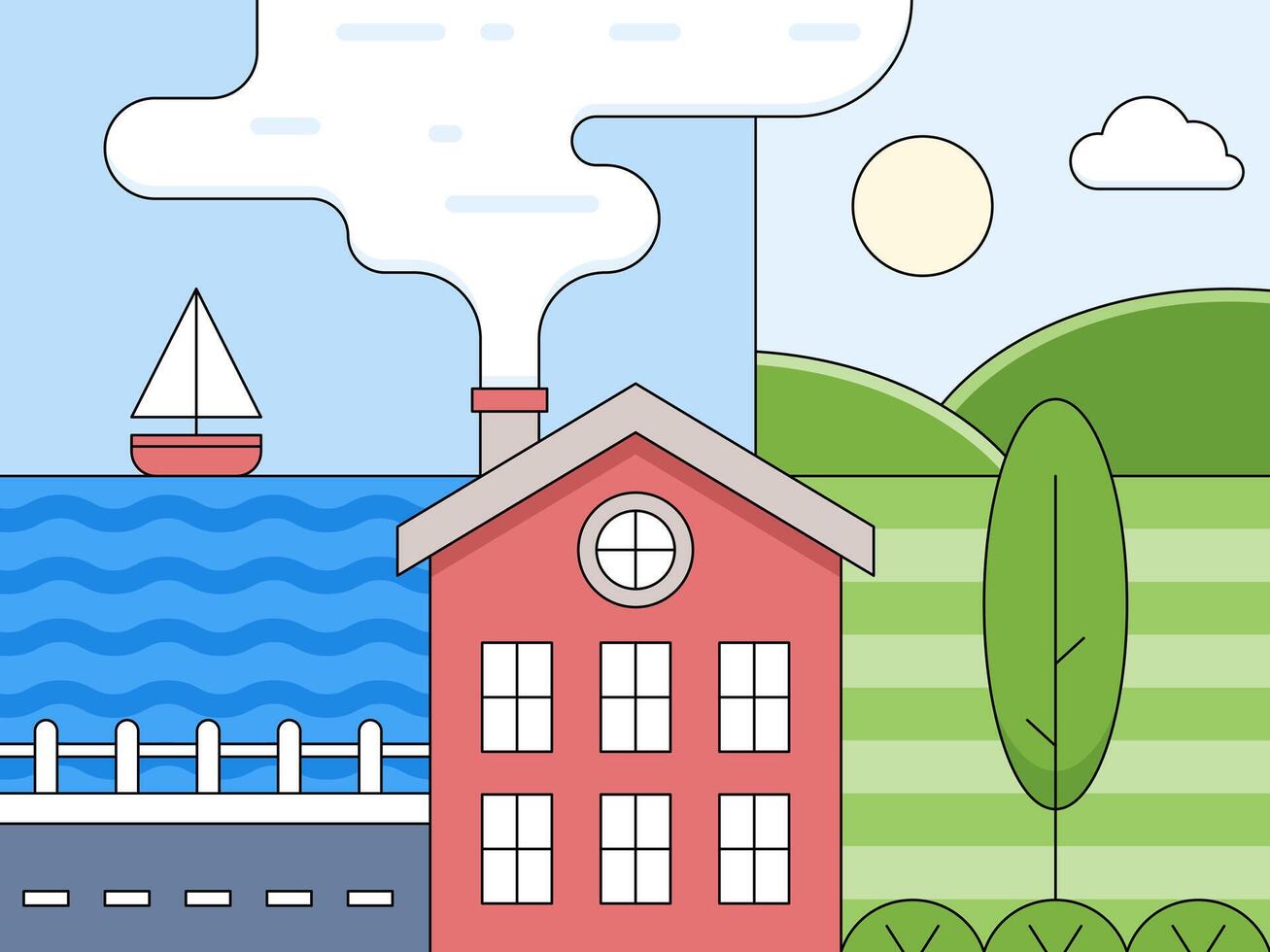 Cozy Home and Scenic Views, A charming illustration of a house nestled within a picturesque landscape, showcasing a harmonious blend of nature and residential life. vector