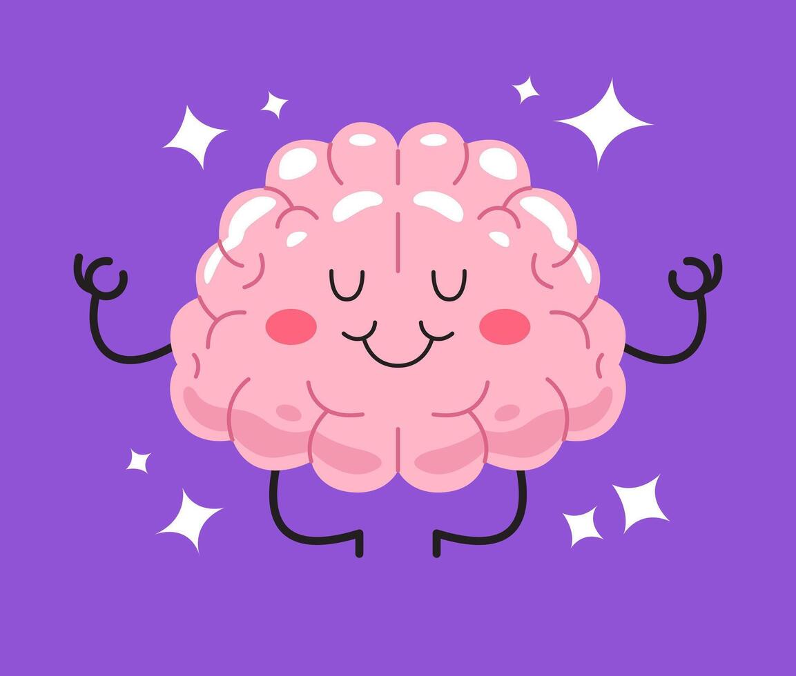 A cute brain illustration meditating in the middle of a relaxed and serene state. A charming illustration showcasing an anatomy brain as its central figure, embodying calm, relaxation, and peace. vector