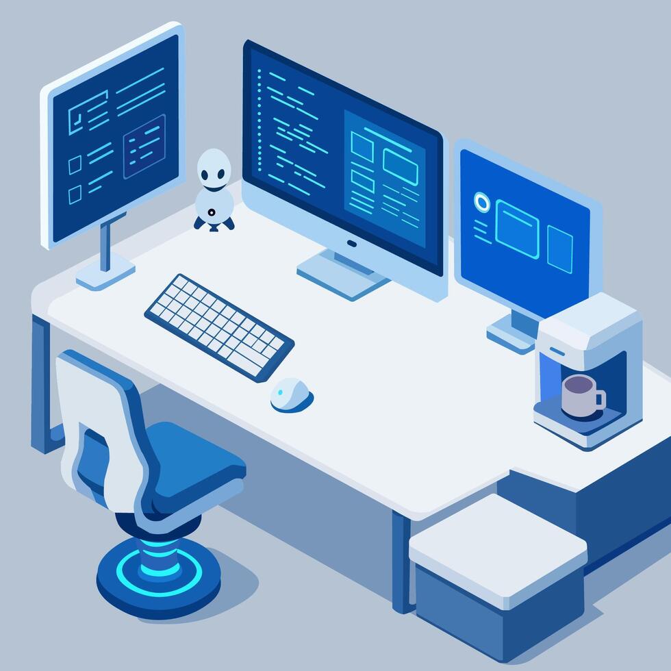 An eye-level view of a cutting-edge workstation featuring multiple monitors and a robotic companion. vector