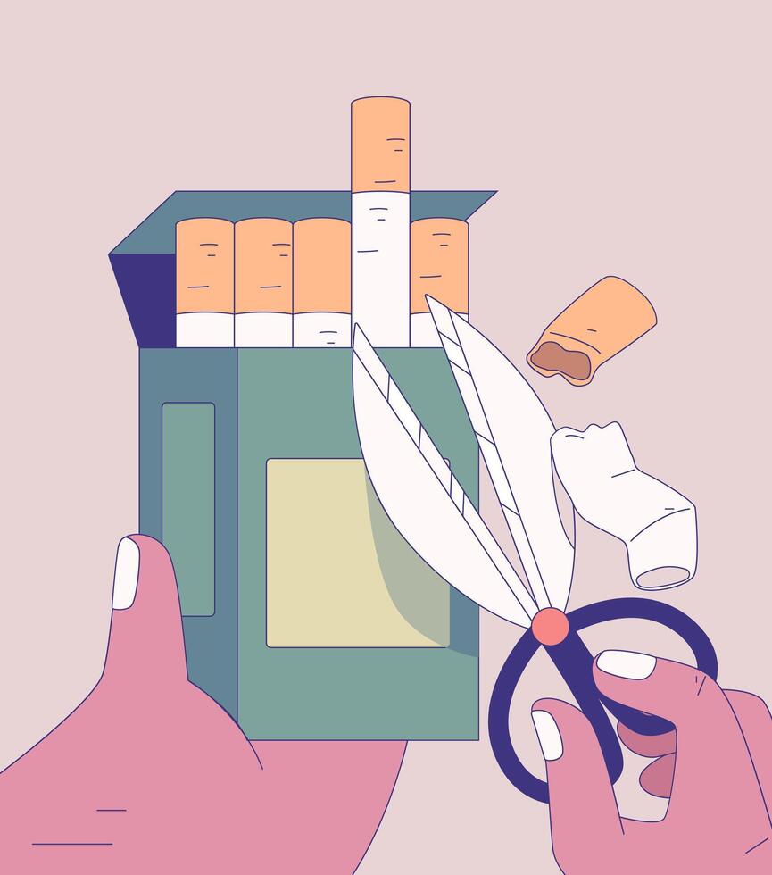 Depicting a visual narrative of the fight against smoking, this image features scissors cutting through cigarettes. The central theme here is the concept of quitting smoking. vector