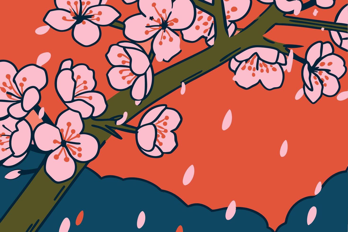 An illustration of a cherry blossom tree in the rain vector