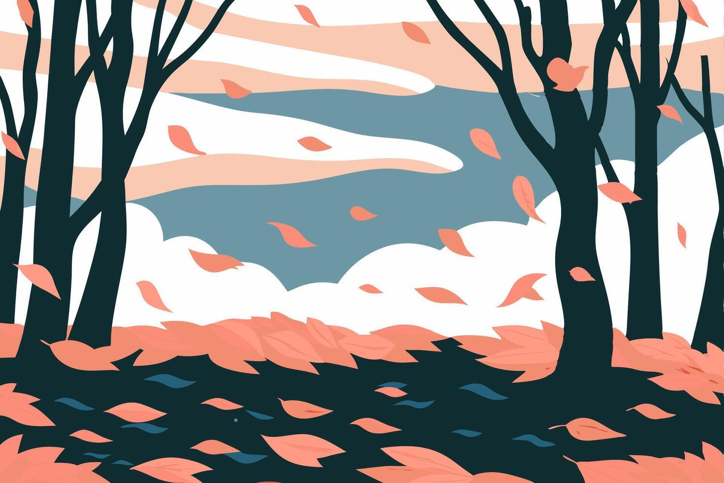 An illustration of a forest with trees and leaves vector