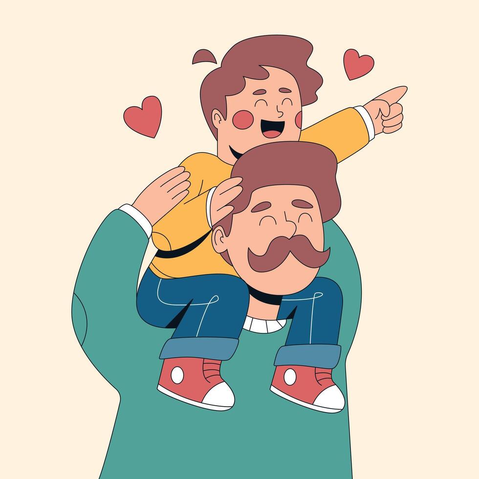 A happy father gives his son a piggyback ride, sharing a joyful moment of bonding and love. vector