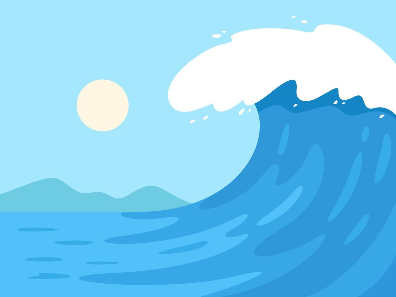 The wave's towering crest rises, showcasing the strength and beauty of the ocean's power with the sun setting in the background. vector