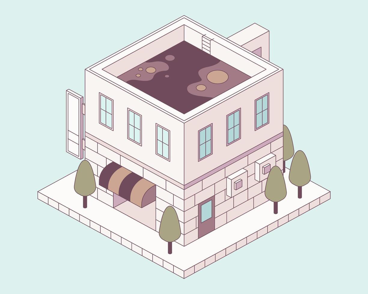 Isometric building illustration presents a unique perspective of a charming urban architecture, featuring a stylized view that adds a creative dimension. vector