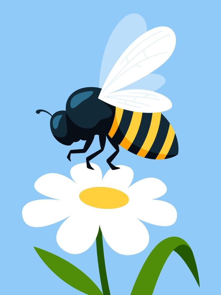 Busy Bee on Daisy Flower Flat Illustration vector
