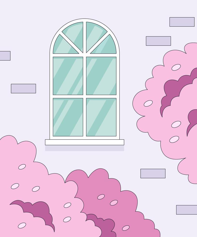 Window and Blooming Bush, An arched window set within a light lavender brick wall, framed by the vibrant, pink blossoms of a flowering bush, evokes a sense of tranquility and spring. vector