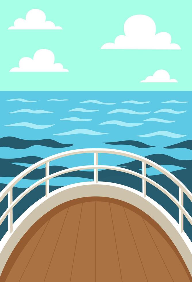 A captivating illustration of a ship's deck offering an open view of the ocean on a bright day, evoking the feeling of an adventurous journey on the water, and a panoramic scene. vector