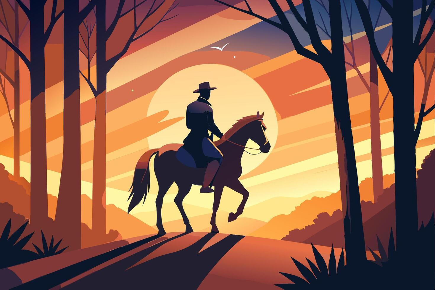 A man riding a horse in the woods at sunset vector