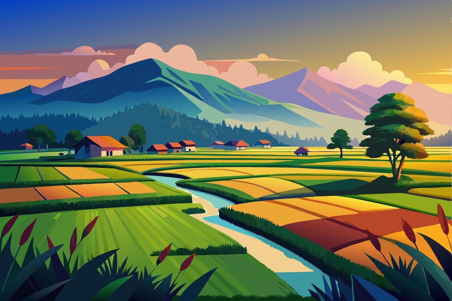 A cartoon illustration of a farm and mountains vector