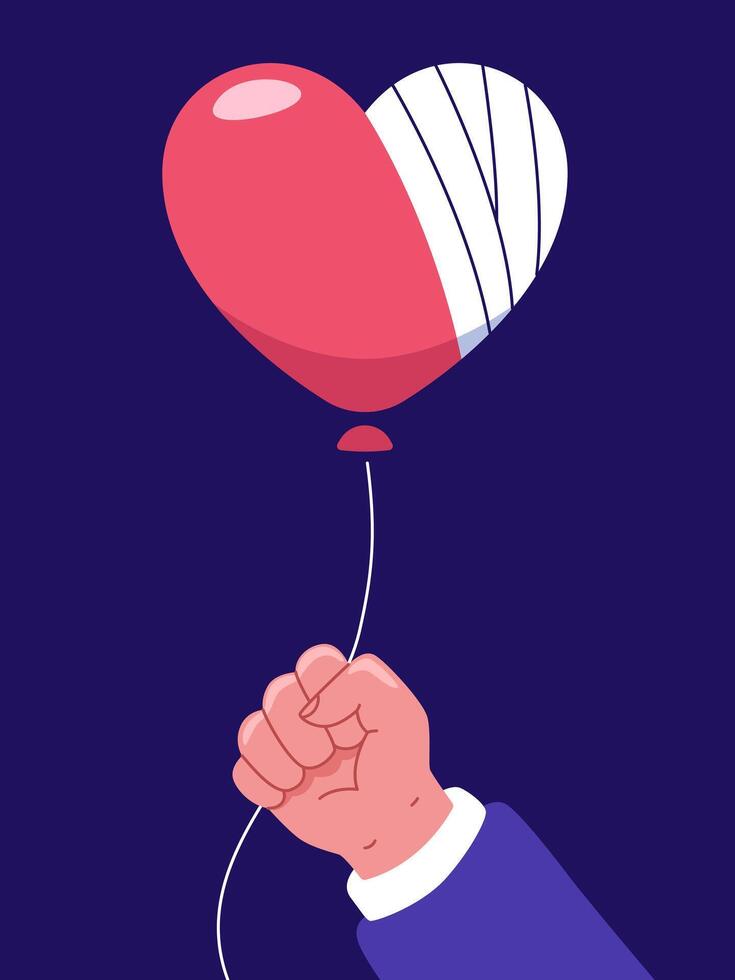 A symbolic depiction of heartbreak, illustrated with a wounded heart-shaped balloon, held firmly by a human hand. vector