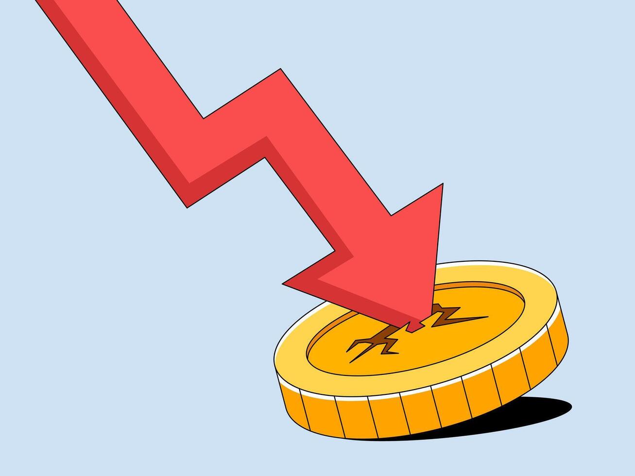A powerful graphic visualizing a concept of financial decline as a bold red arrow crashes down towards a gold coin, illustrating economic downturn. vector