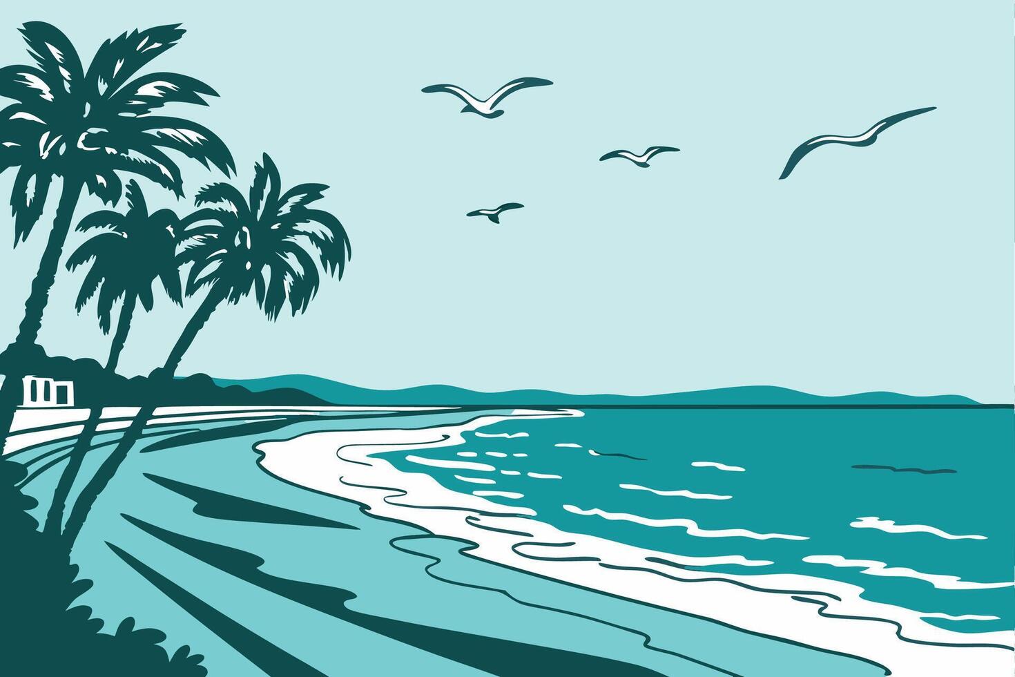 A beach scene with palm trees and seagulls vector
